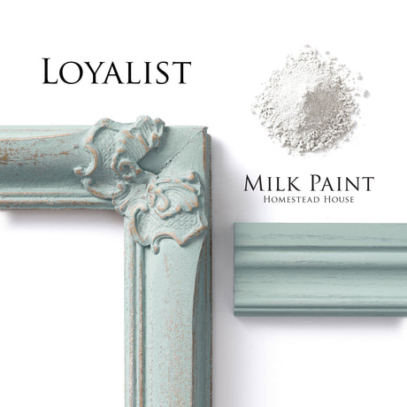 Wood frame, paint sample, and Homestead House Loyalist Milk Paint powder shown together.