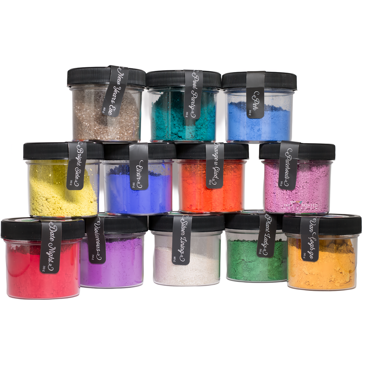 Twelve jars of Making Powder by DIY Debi’s Design Diary from DIY Paint Co., arranged in three rows.