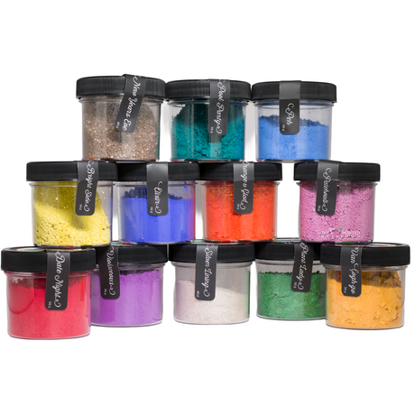 Twelve jars of Making Powder by DIY Debi’s Design Diary from DIY Paint Co., arranged in three rows.