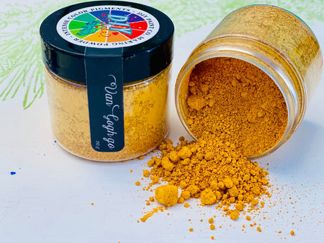 Two jars of DIY Paint Co. Making Powder, yellow; one closed, one open with powder spilling, Debi’s Design Diary line.