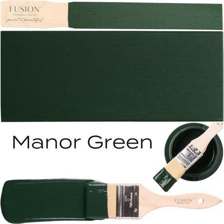 Brush with deep green paint, swatch, and text: Manor Green Fusion Mineral Paint by Fusion Mineral Paint.