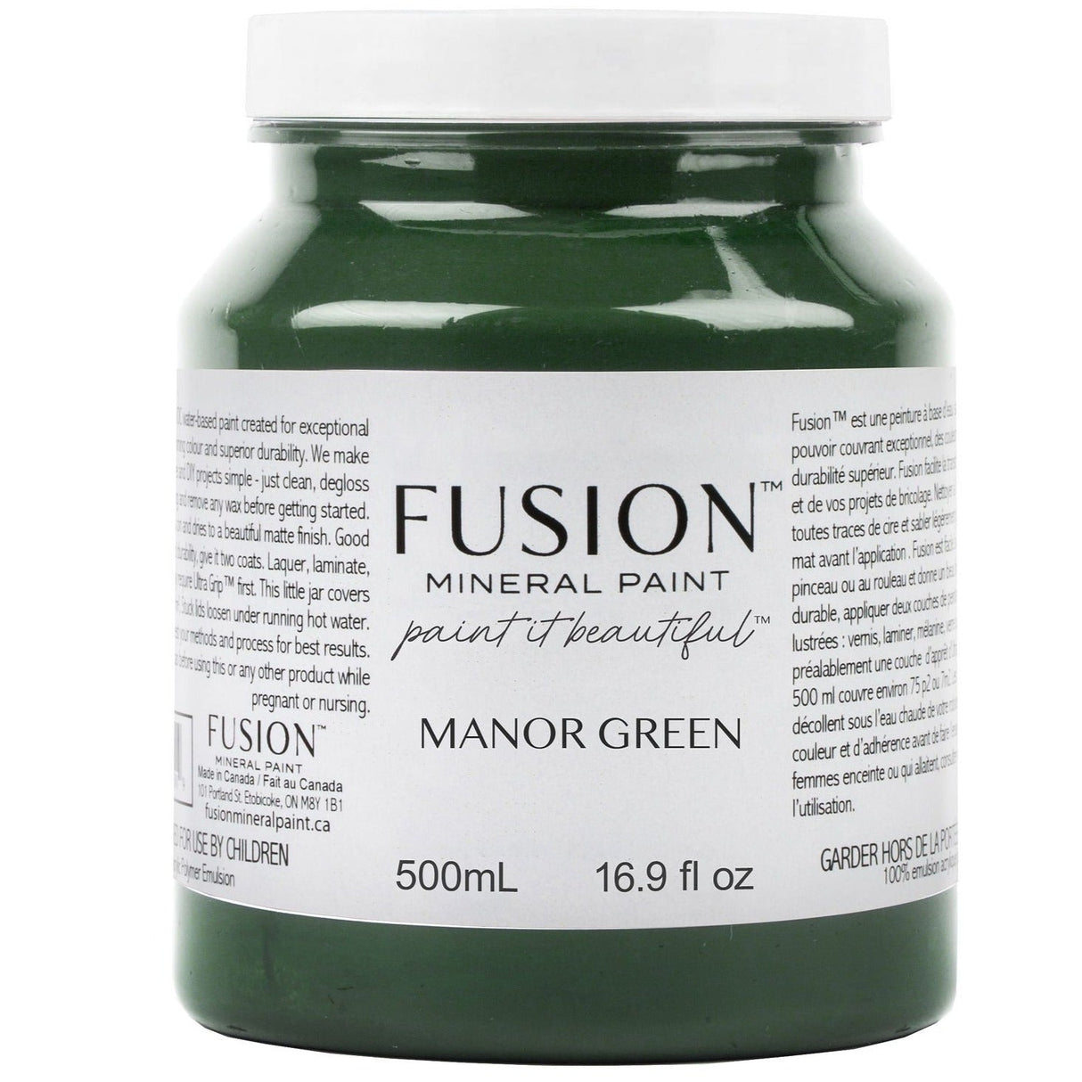 500 mL Fusion Mineral Paint Manor Green with product details and brand label on the front.