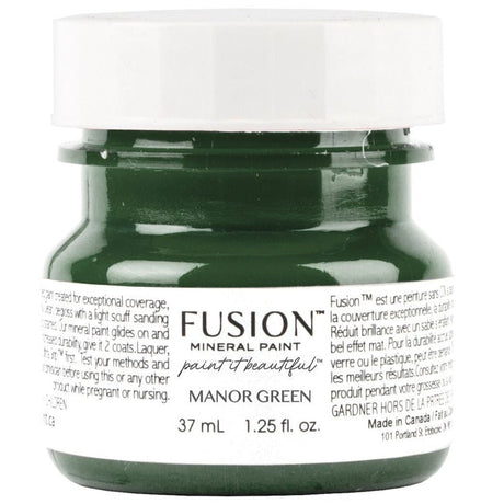 Fusion Mineral Paint 37 mL jar, Manor Green, deep green color with a white label.