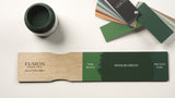Fusion Mineral Paint shades Park Bench, Manor Green, and Pressed Fern displayed with matching sample jars.