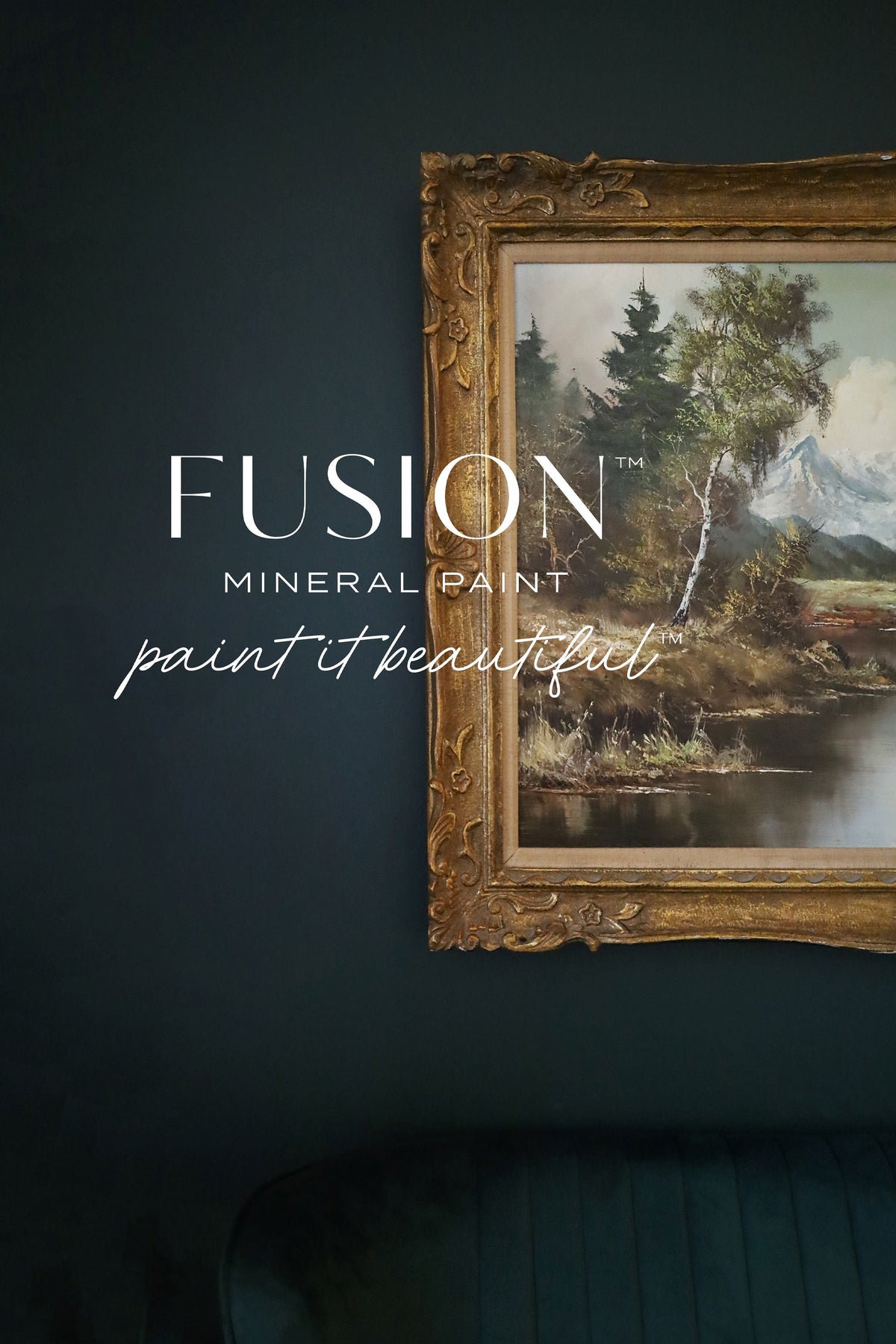 Gold-framed landscape art on wall painted with Fusion Mineral Paint Manor Green and “paint it beautiful” overlay.