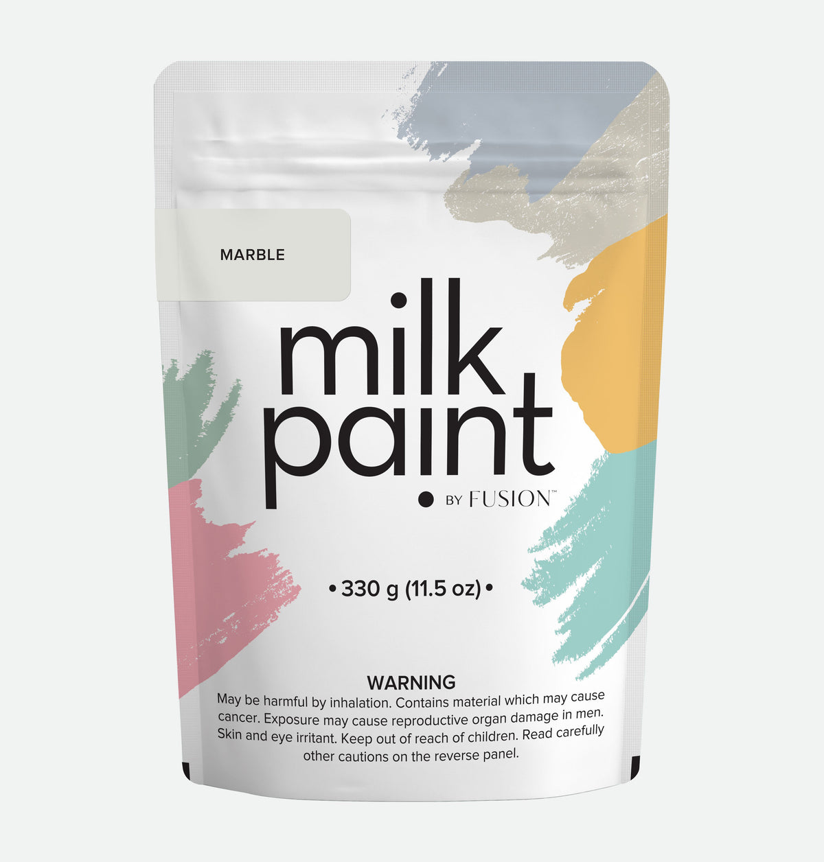 Marble Milk Paint by Fusion Mineral Paint pouch with colorful brush strokes and health risk warning on the front.