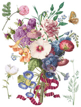 The Marché des Fleurs Transfer by I.O.D. featuring French market florals, greenery, pink ribbon, and butterfly.