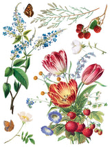 Marché des Fleurs Transfer by IOD with botanical florals, berries, and butterflies on white background.