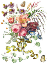 Bouquet with assorted flowers and leaves, inspired by I.O.D. Marché des Fleurs Transfer, with ribbon and butterflies.