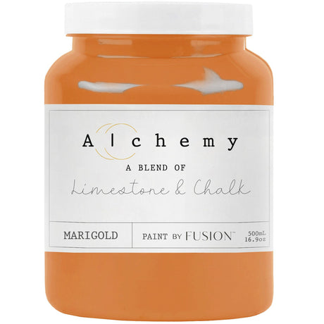 Fusion Mineral Paint 500 mL Marigold Alchemy, limestone-acrylic chalk paint, white label with black text.