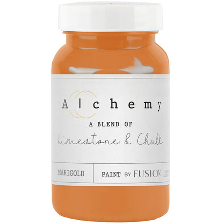 Marigold Alchemy Paint jar by Fusion Mineral Paint, labeled as acrylic chalk paint with limestone and chalk.