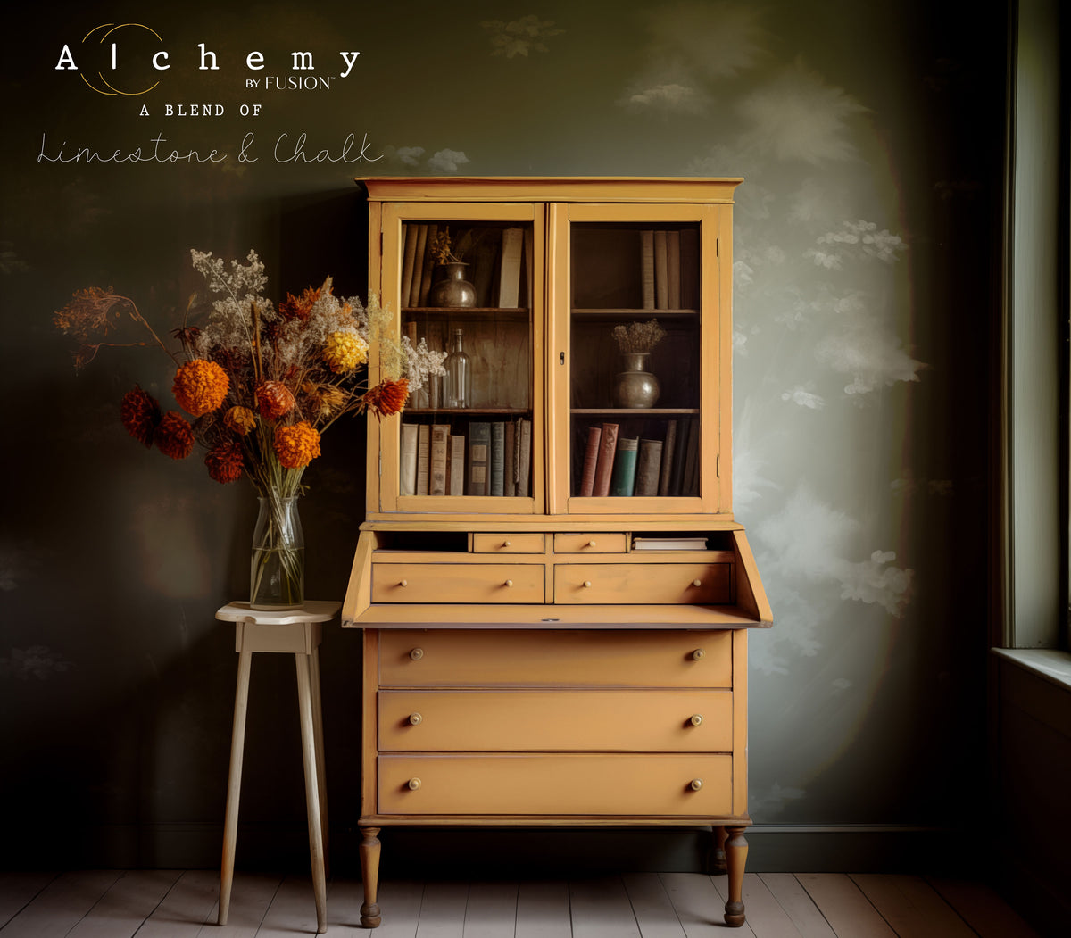 Yellow cabinet painted in Marigold Alchemy by Fusion Mineral Paint, books visible behind glass doors.