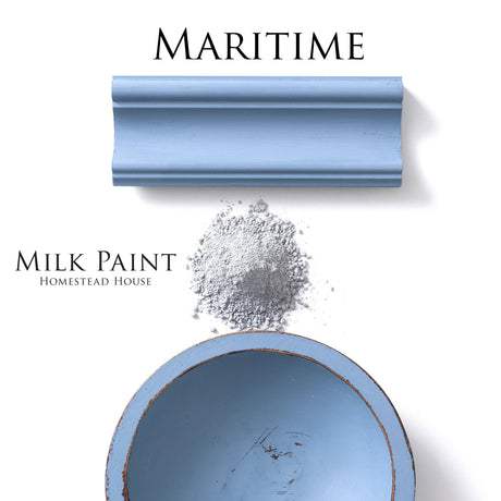 Homestead House Maritime Blue Milk Paint with wooden trim, bowl, and blue powder displayed between them.