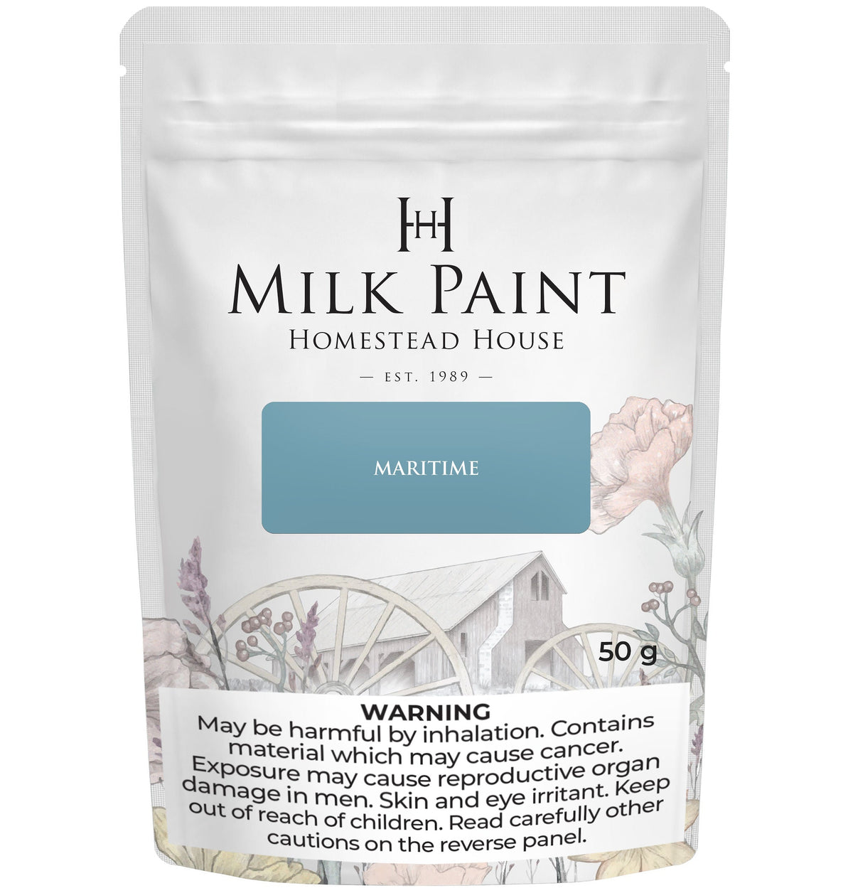 50g Homestead House Maritime Blue Milk Paint bag with safety warnings and floral design on packaging.