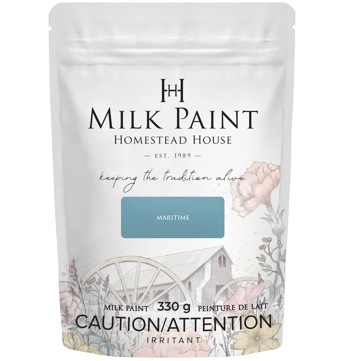 Homestead House Maritime Blue Milk Paint in resealable pouch with farmhouse graphic and product information on packaging.