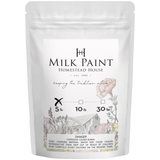 Homestead House Maritime Blue Milk Paint 5 lb bag with floral design, scale icons, and safety info on the front.