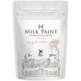 Homestead House Maritime Blue Milk Paint 10 lb bag with floral and barn art, safety warnings below.