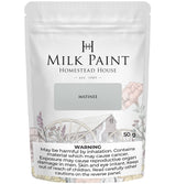 50g pouch of Matinee Milk Paint by Homestead House with warning text and “great paint coverage” at the bottom.