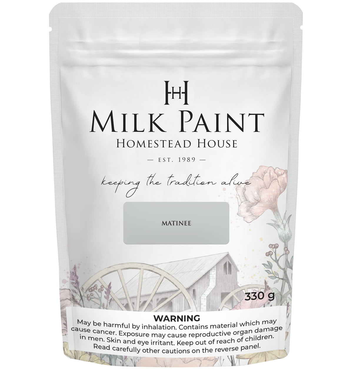 Homestead House Matinee Milk Paint 330g bag with rustic wagon graphic and visible safety warning.