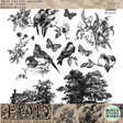 Meadowlark Stamp by I.O.D. with birds, butterflies, flowers, trees, and a rustic building design.