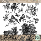 Meadowlark Stamp by I.O.D. with birds, butterflies, flowers, trees, and a rustic building design.