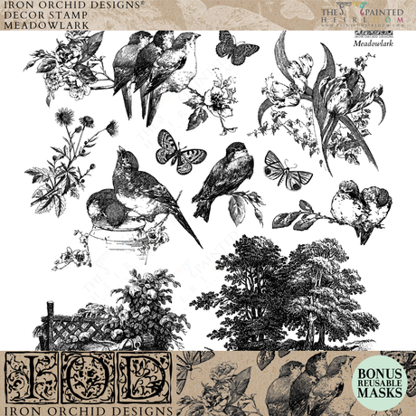 Meadowlark Stamp by I.O.D. with birds, butterflies, flowers, trees, and a rustic building design.