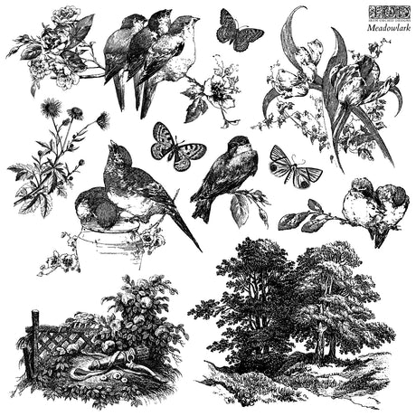 Meadowlark Stamp by IOD with black and white drawings of birds, butterflies, trees, and flowers.