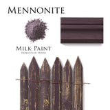 Mennonite Red Milk Paint powder with painted fence samples by Homestead House displayed together.