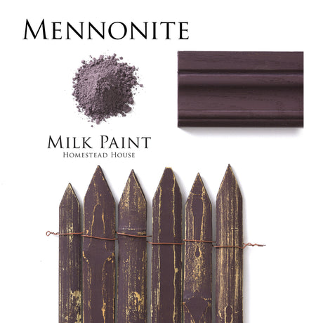 Mennonite Red Milk Paint powder with painted fence samples by Homestead House displayed together.