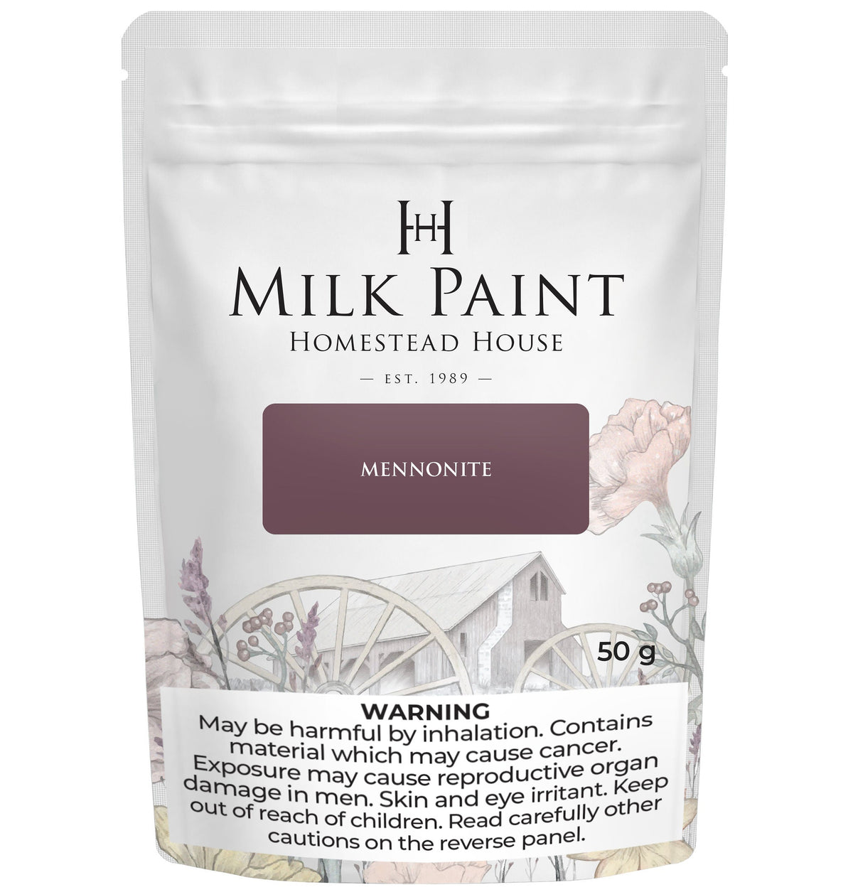 50g Homestead House Mennonite Red Milk Paint with cancer warning, floral, wagon, and barn illustrations on label.