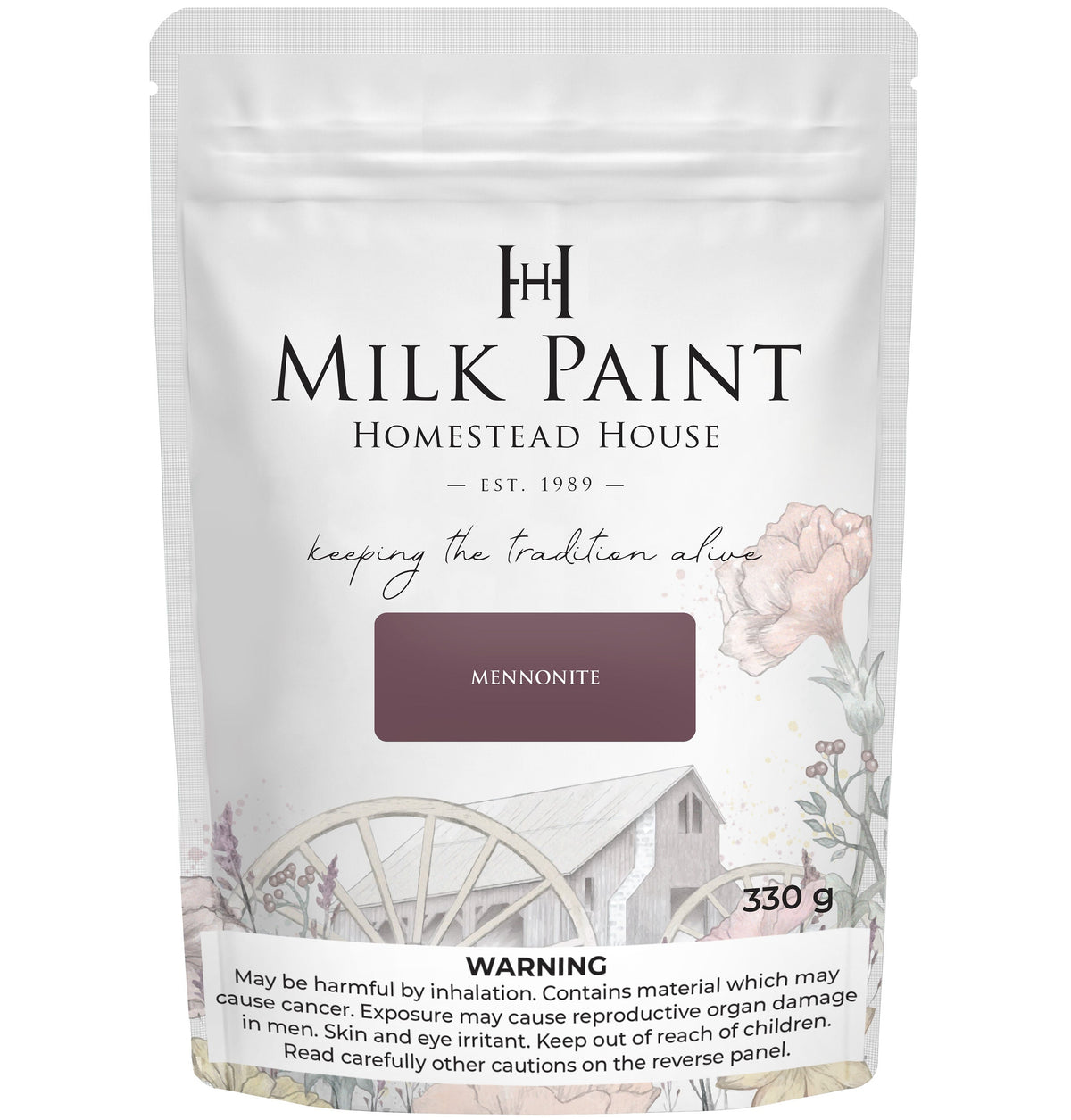 330g bag of Homestead House Mennonite Red Milk Paint, featuring wagon wheel and barn illustration on packaging.