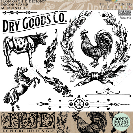 Mercantile Stamp by IOD for vintage grain sack stamping; Iron Orchid Designs branding visible.
