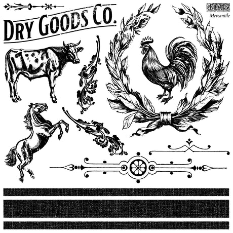 Mercantile Stamp by IOD with vintage black-and-white farm motifs for farmhouse decor.