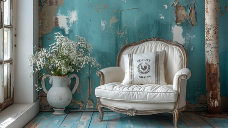 White vintage loveseat with pillow, I.O.D. Mercantile Stamp, and flowers against a distressed teal wall.