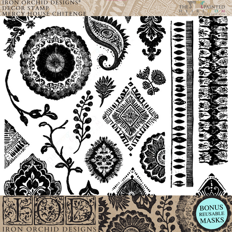 The Mercy House Chitenge Stamp by I.O.D. with reusable mask and African fabric-inspired pattern designs.