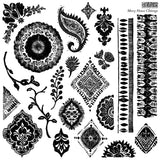Black ink floral and geometric pattern on white, stamped with Mercy House Chitenge Stamp by IOD - Iron Orchid Designs.