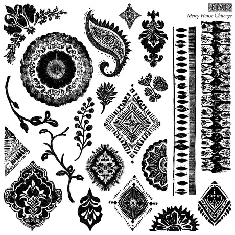 Black ink floral and geometric pattern on white, stamped with Mercy House Chitenge Stamp by IOD - Iron Orchid Designs.