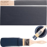 Fusion Mineral Paintbrush, Midnight Blue Fusion Mineral Paint, and matching painted wood sample shown together.