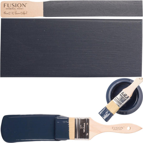Fusion Mineral Paintbrush, Midnight Blue Fusion Mineral Paint, and matching painted wood sample shown together.