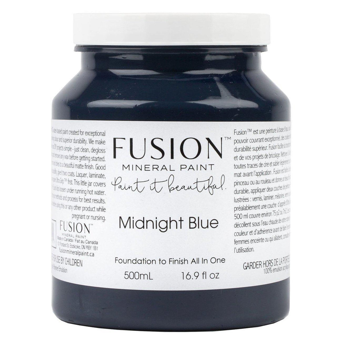 500mL jar of Fusion Mineral Paint in Midnight Blue, all-in-one acrylic, with branded label and text.