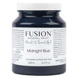 500mL jar of Fusion Mineral Paint in Midnight Blue, all-in-one acrylic, with branded label and text.