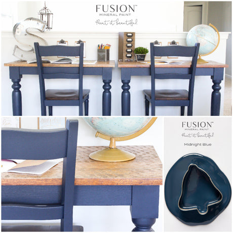 Two navy blue chairs with a wooden desk painted in Fusion Mineral Paint Midnight Blue, styled with books and a globe.