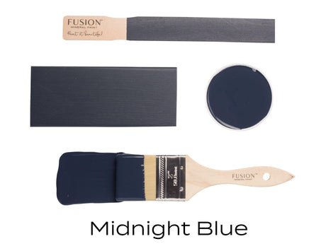 Midnight Blue Fusion Mineral Paint samples shown with brushes, swatch, lid, and color name.