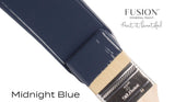 Brush with Midnight Blue Fusion Mineral Paint; text reads “Midnight Blue” and “Fusion Mineral Paint.”.