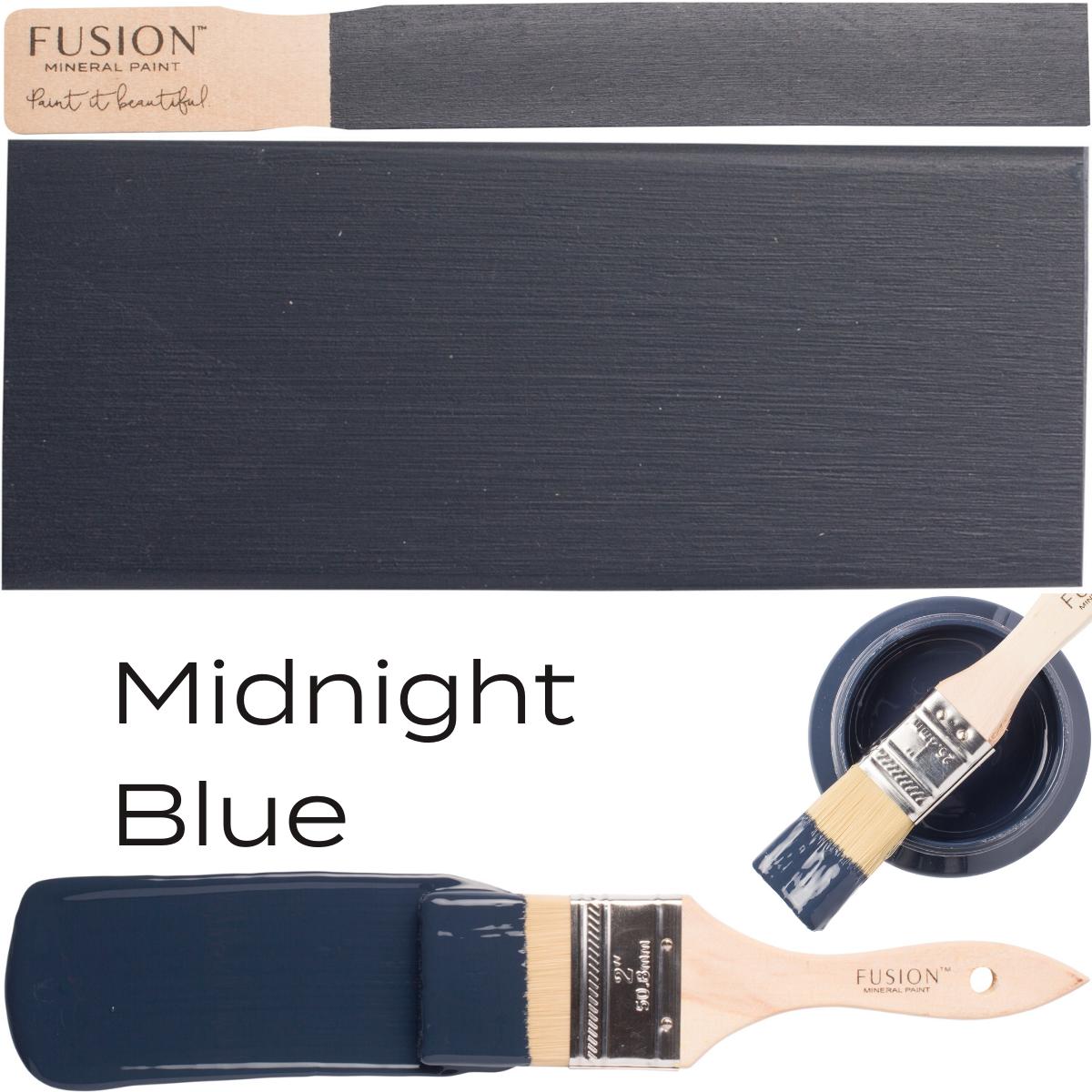 Midnight Blue Fusion Mineral Paint acrylic paint sample with product text on white background by Fusion Mineral Paint.