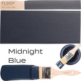 Midnight Blue Fusion Mineral Paint acrylic paint sample with product text on white background by Fusion Mineral Paint.