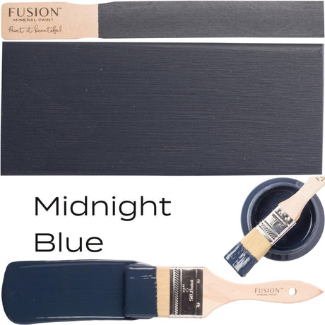 Midnight Blue Fusion Mineral Paint acrylic paint sample with product text on white background by Fusion Mineral Paint.