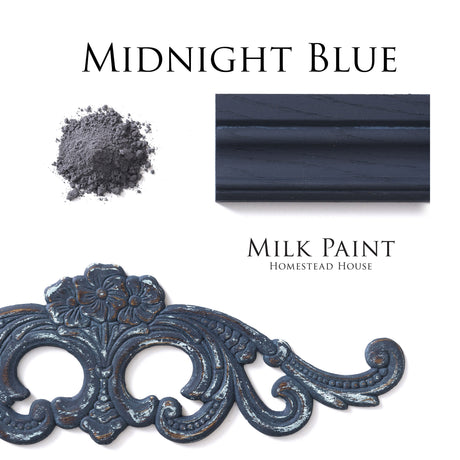 Homestead House Midnight Blue Milk Paint sample, powder, and wood trim displayed together.