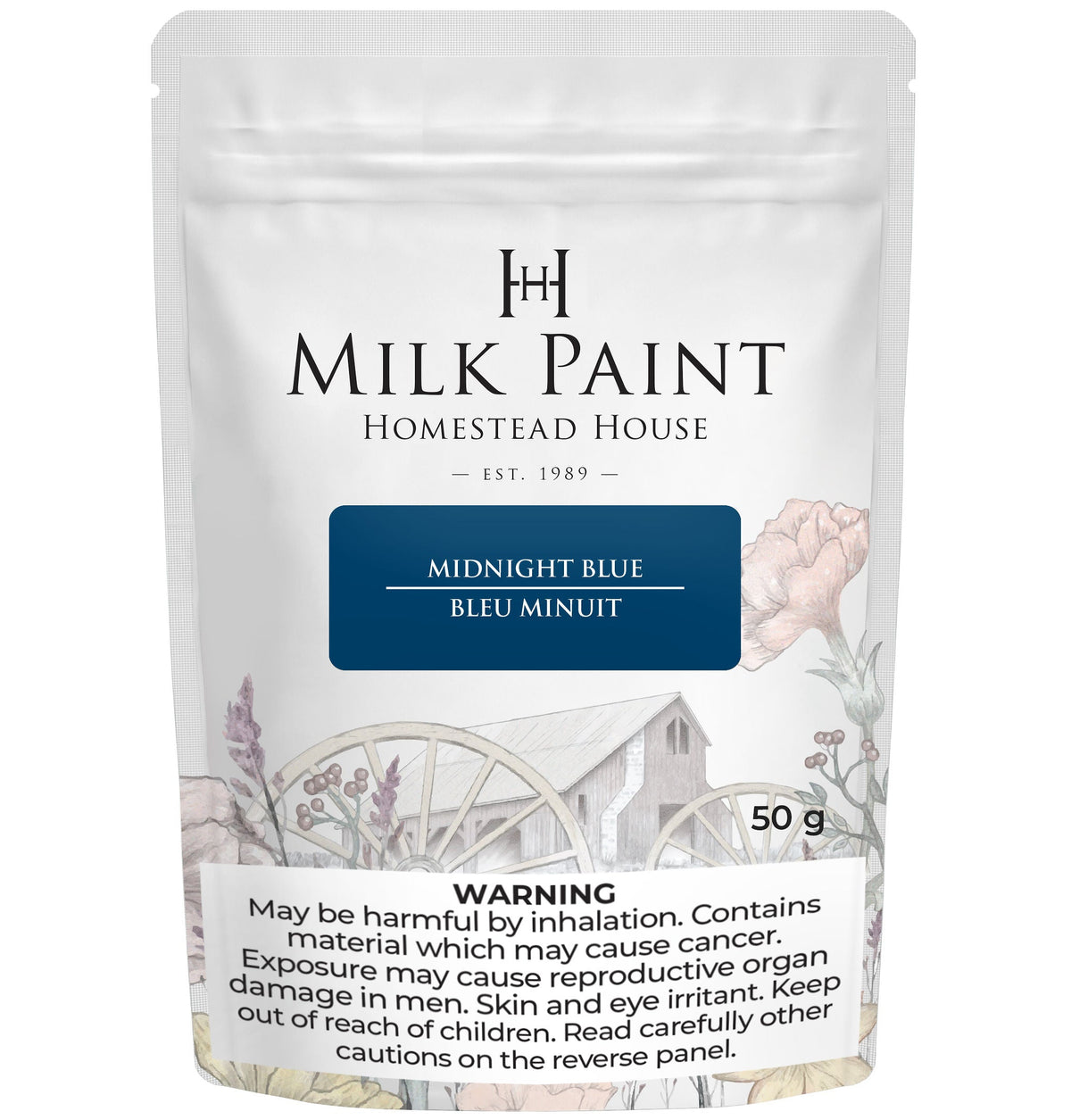 50g bag of Homestead House Midnight Blue Milk Paint with health warning label at the bottom.