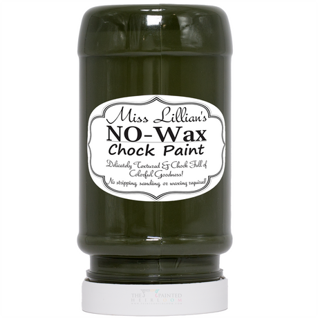 Miss Lillian’s Midnight Fern No-Wax Chock Paint, dark green, upside down with white label visible.